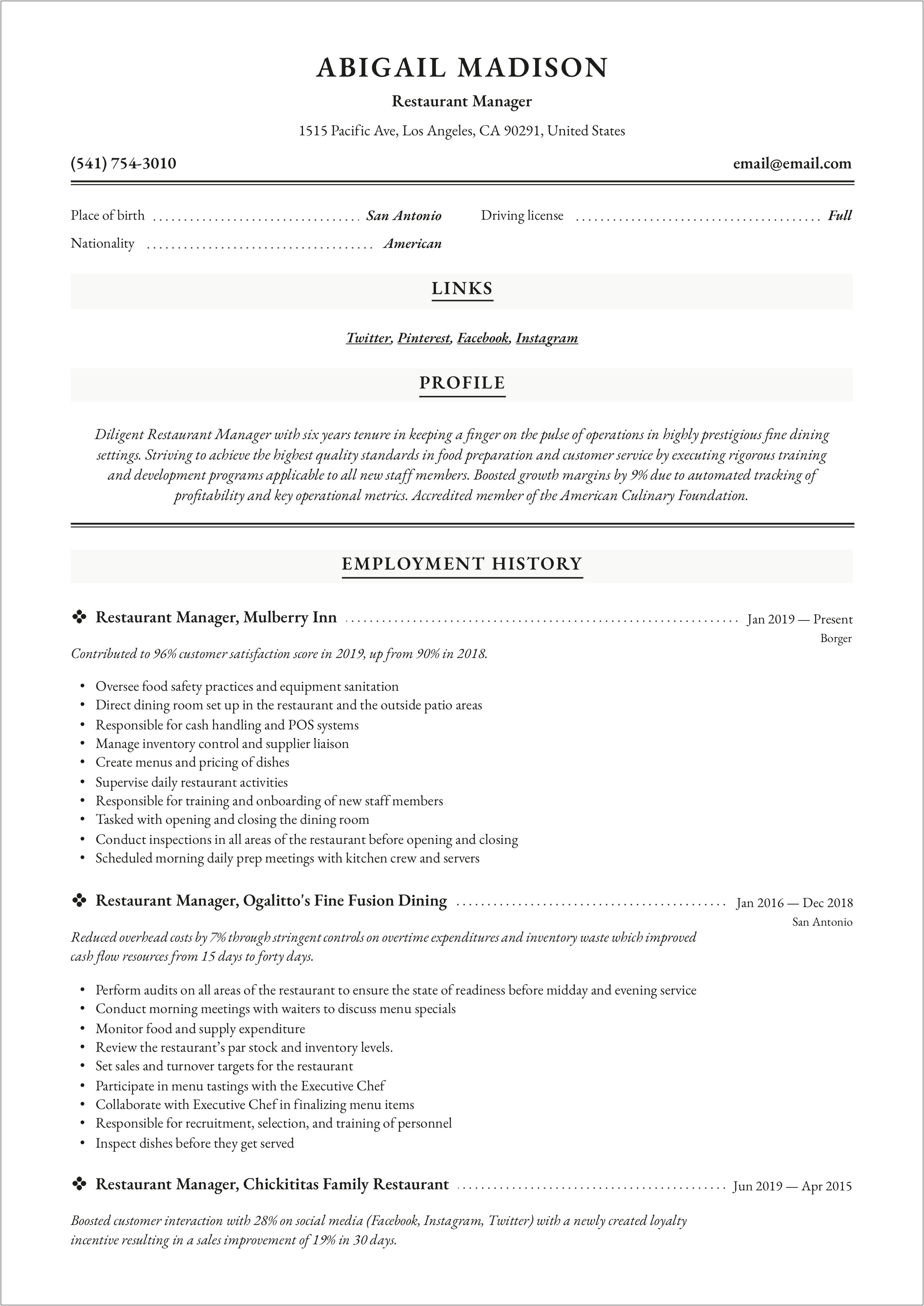 Fine Dining Restaurant Skills For Resume