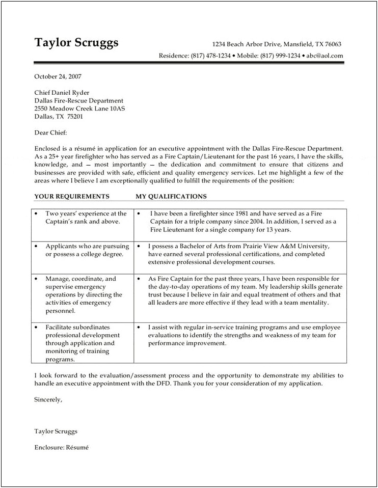 Fire Department Cover Letter Of Resume