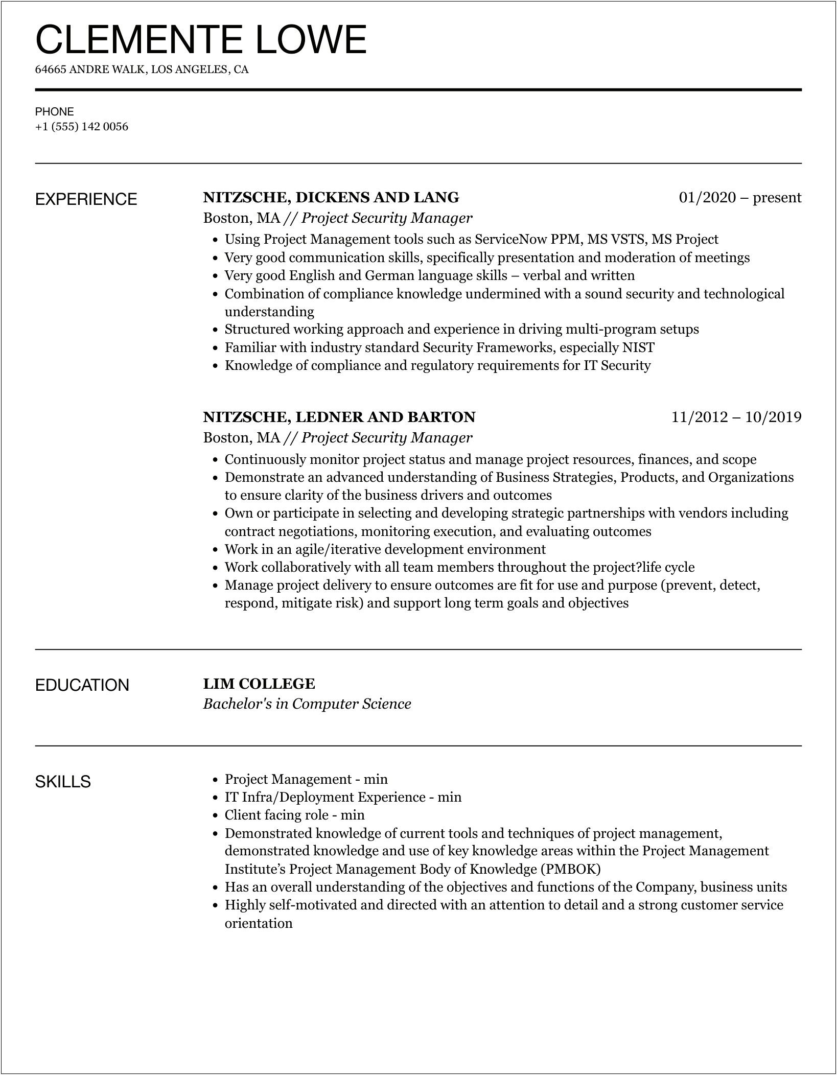 Fire Security Project Management Resume Examples