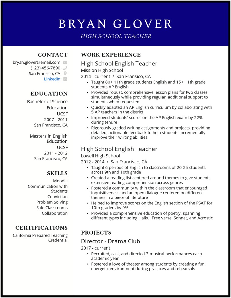 First Time Tefl Teacher Resume Example