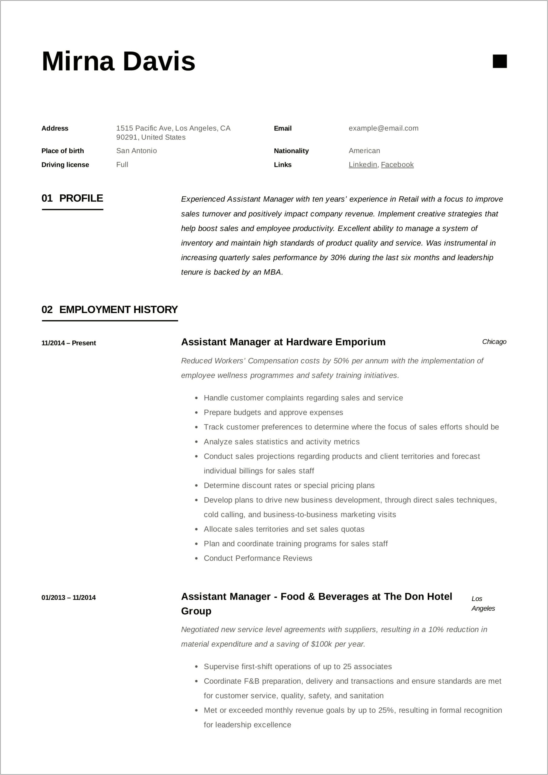 Food And Beverage Operations Manager Resume Sample