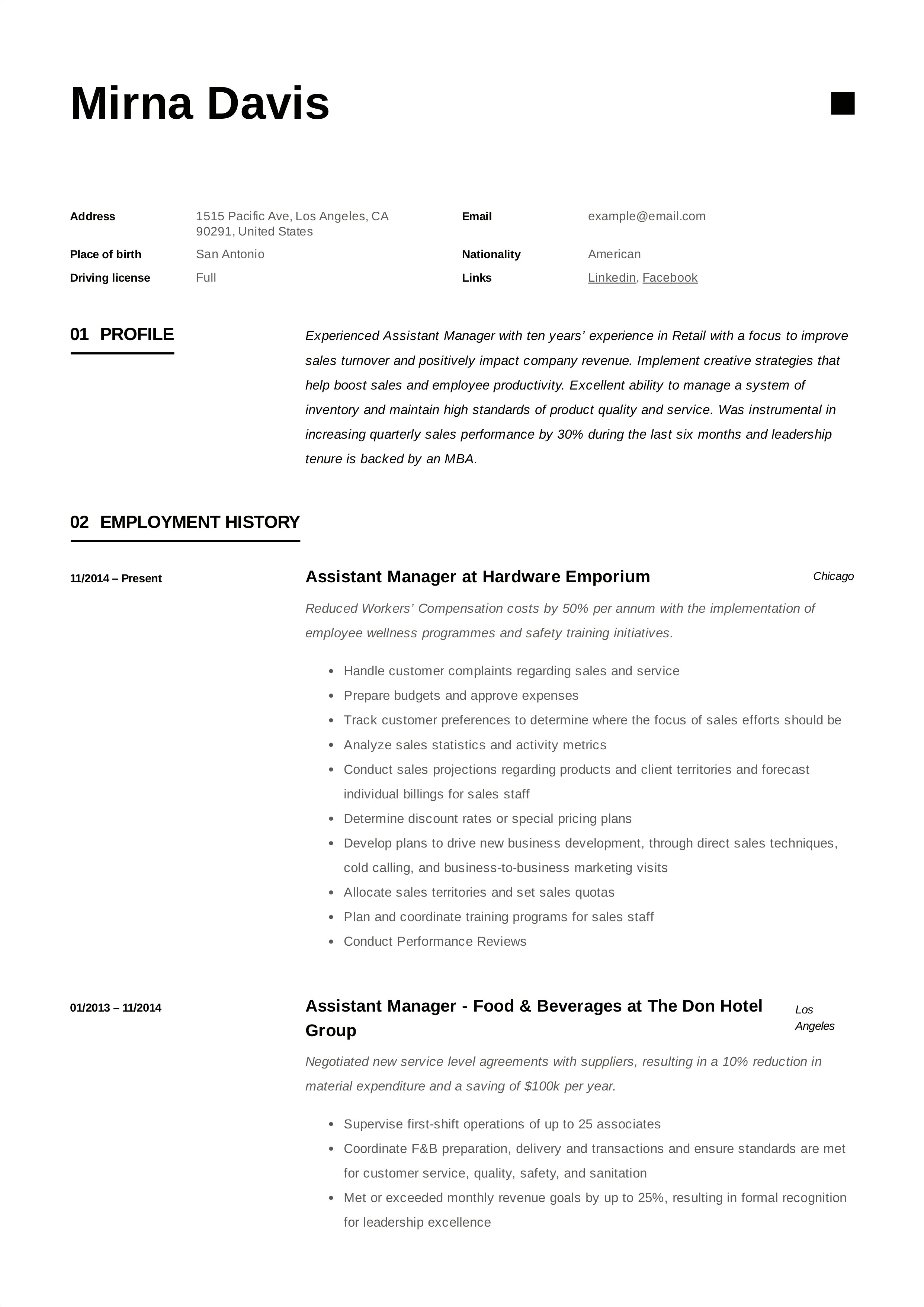 Food And Beverage Operations Manager Resume Sample