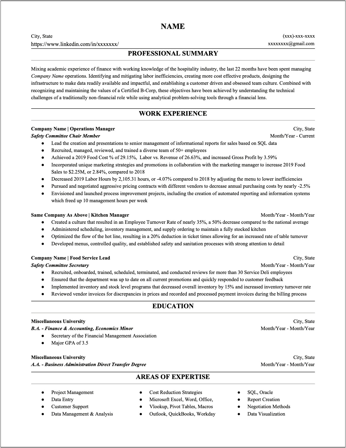 Food And Beverage Resume Cover Letter