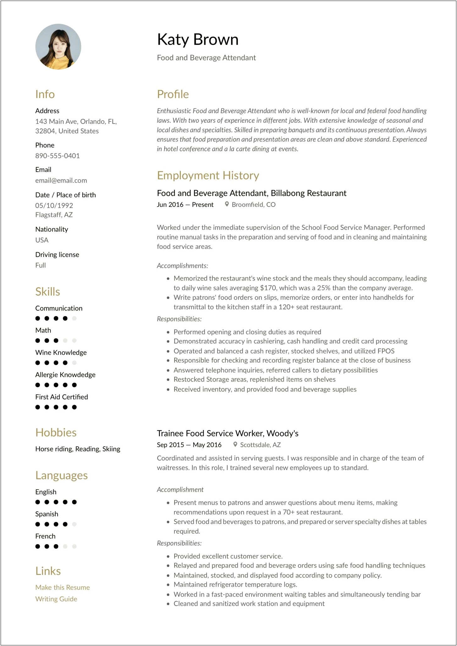 Food And Beverage Resume No Experience