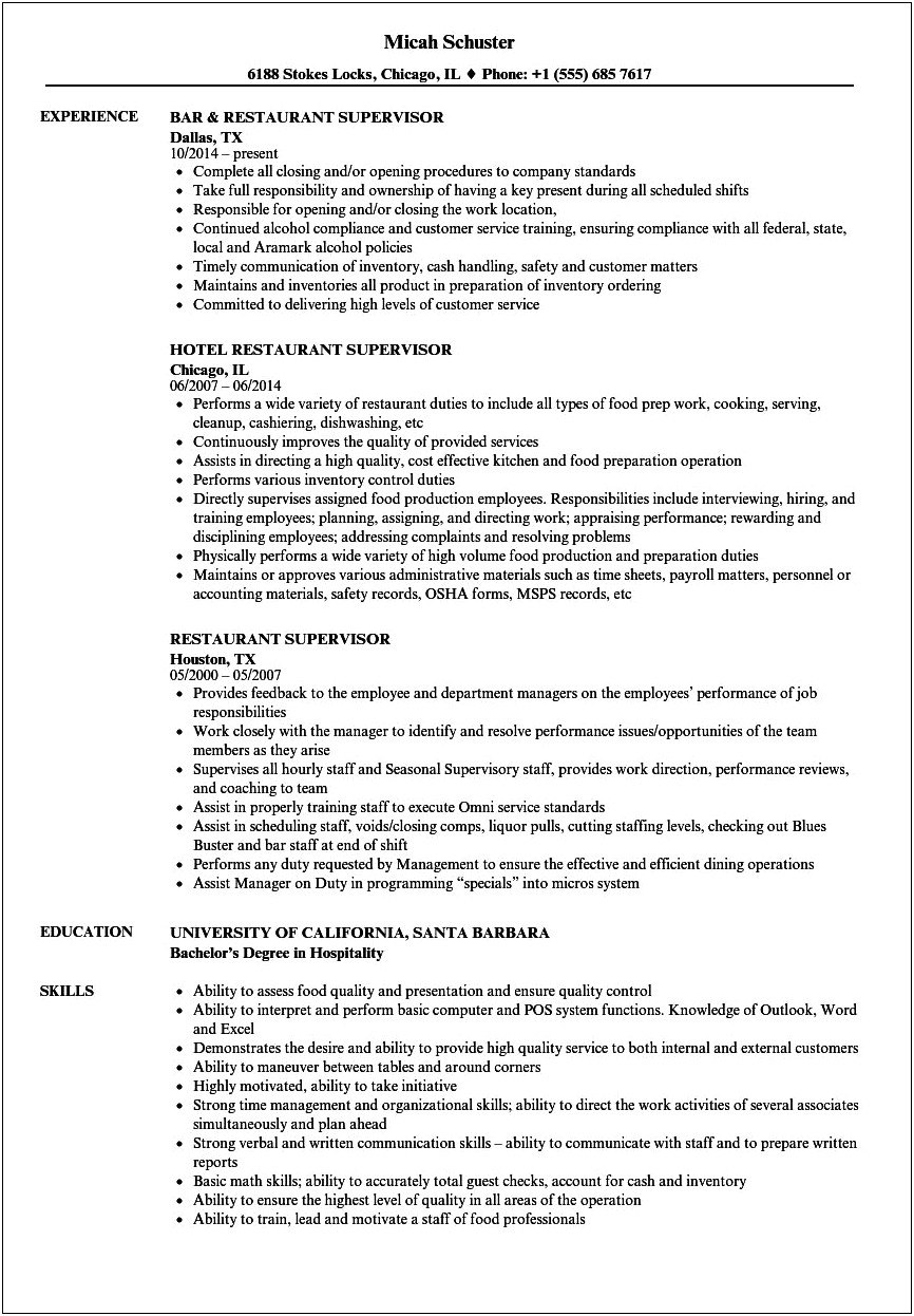 Food And Beverage Supervisor Resume Examples