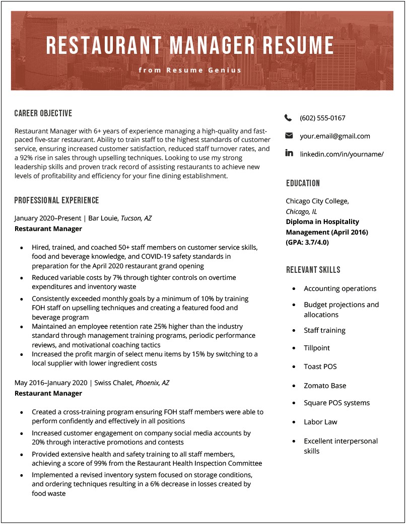 Food And Beverage Supervisor Resume Samples