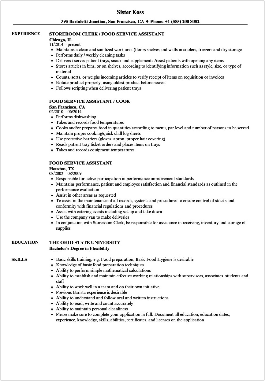 Food Nutrition Job Responsibilities For Resume