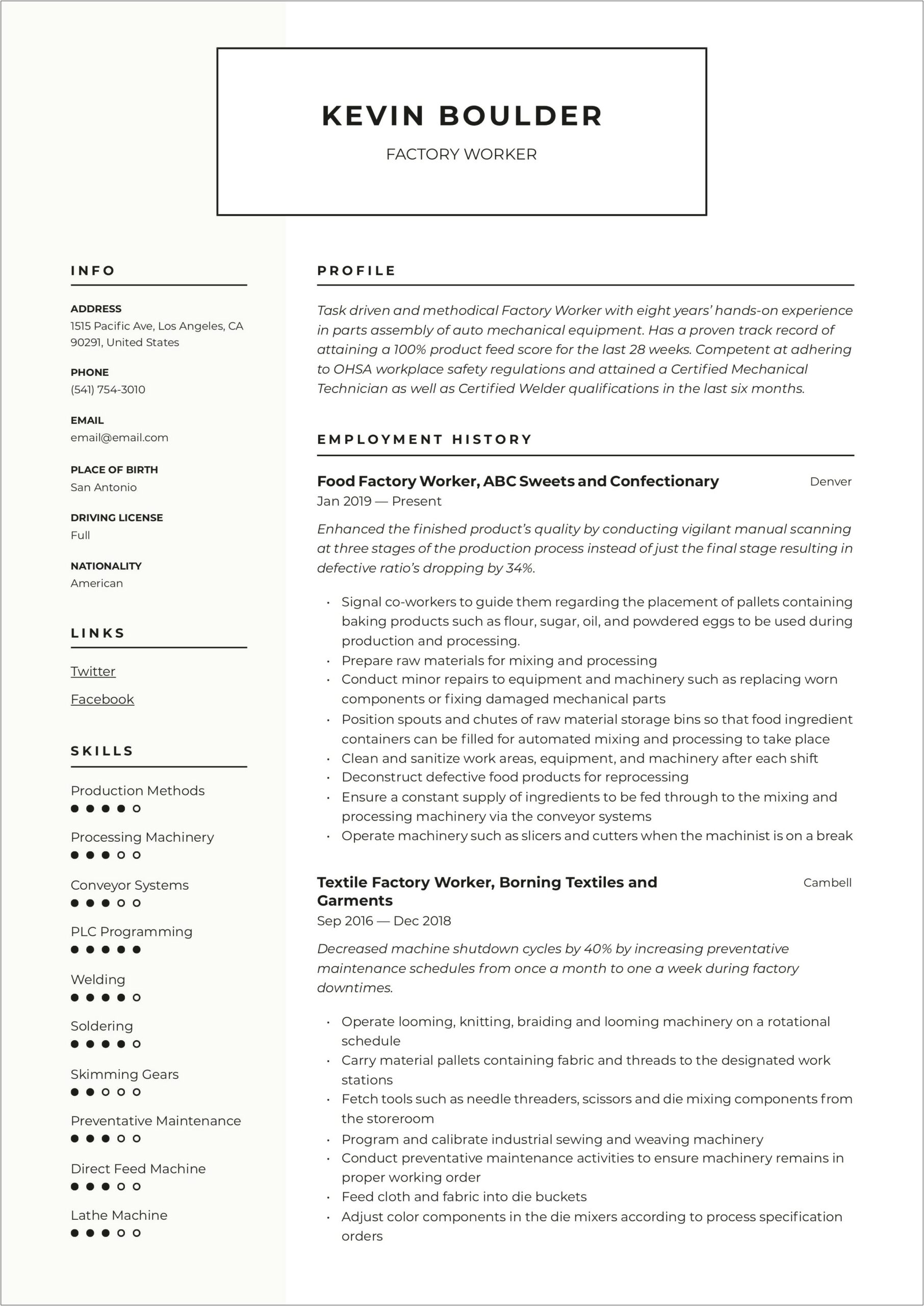 Food Packer Entry Level Sample Resume