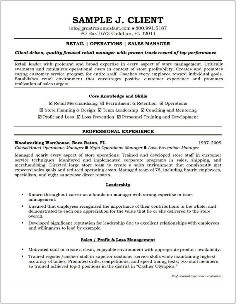 Food Production Operations Manager Job Description Resume