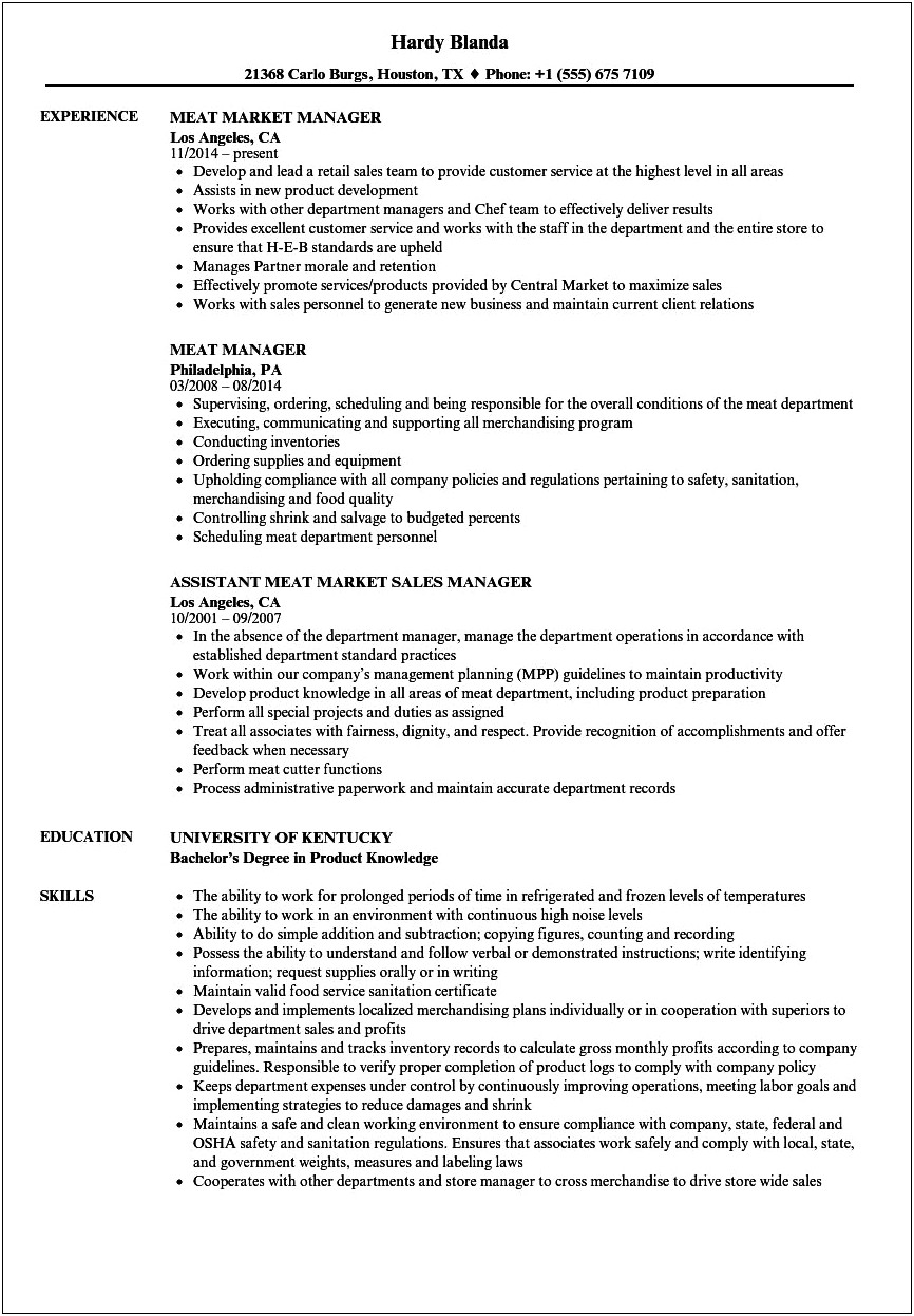 Food Safety And Quality Manager Resume Examples