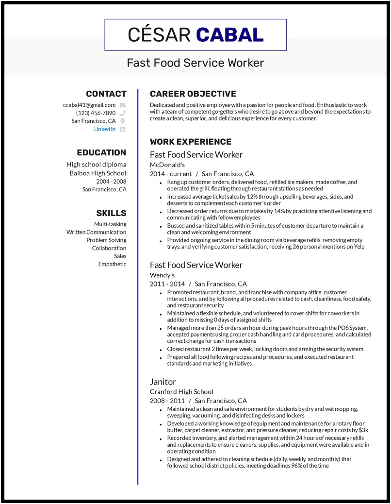 Food Service Worker Elemtary School Resume Example