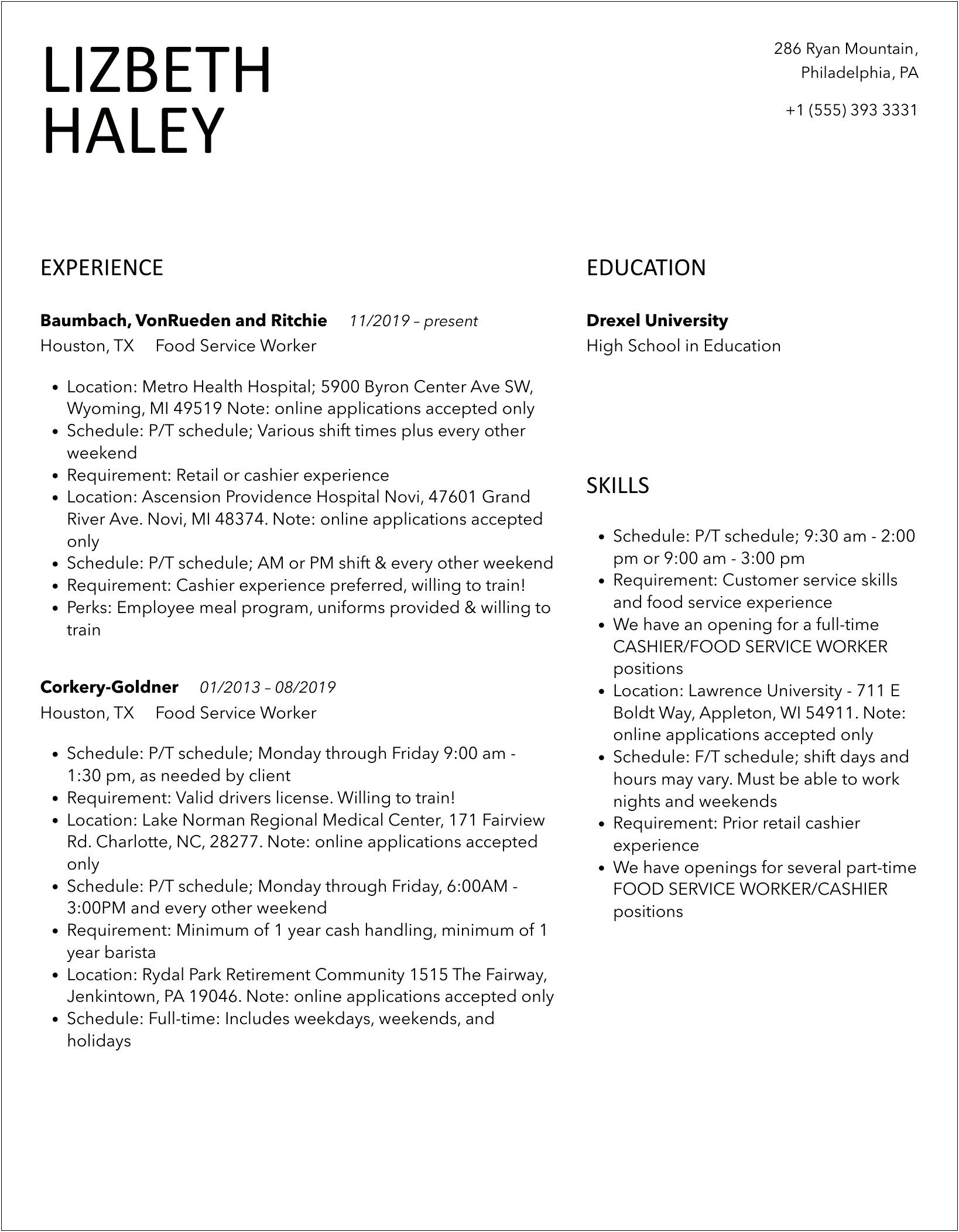 Food Service Worker Resume Job Descripition