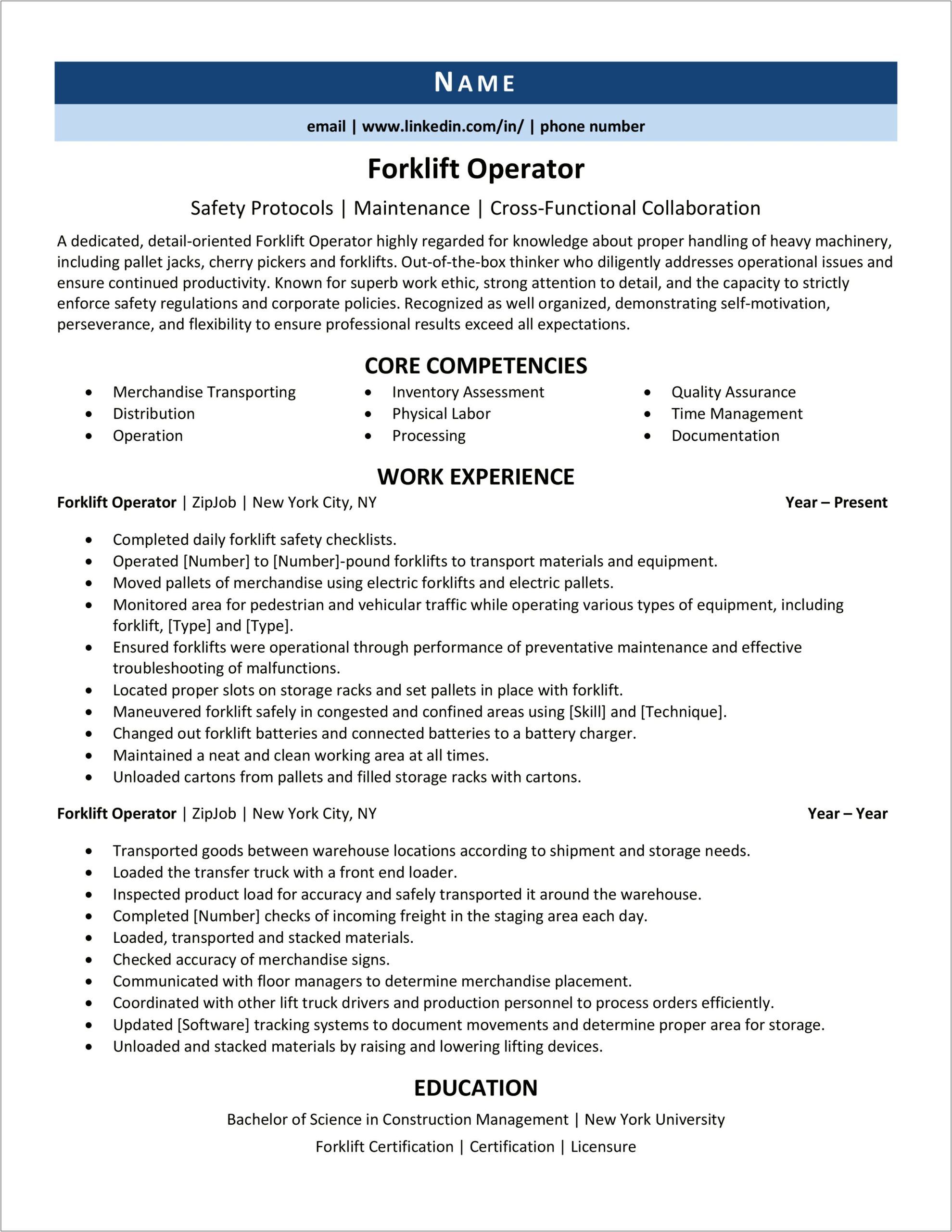 Forklift Driver Skills Description For Resume