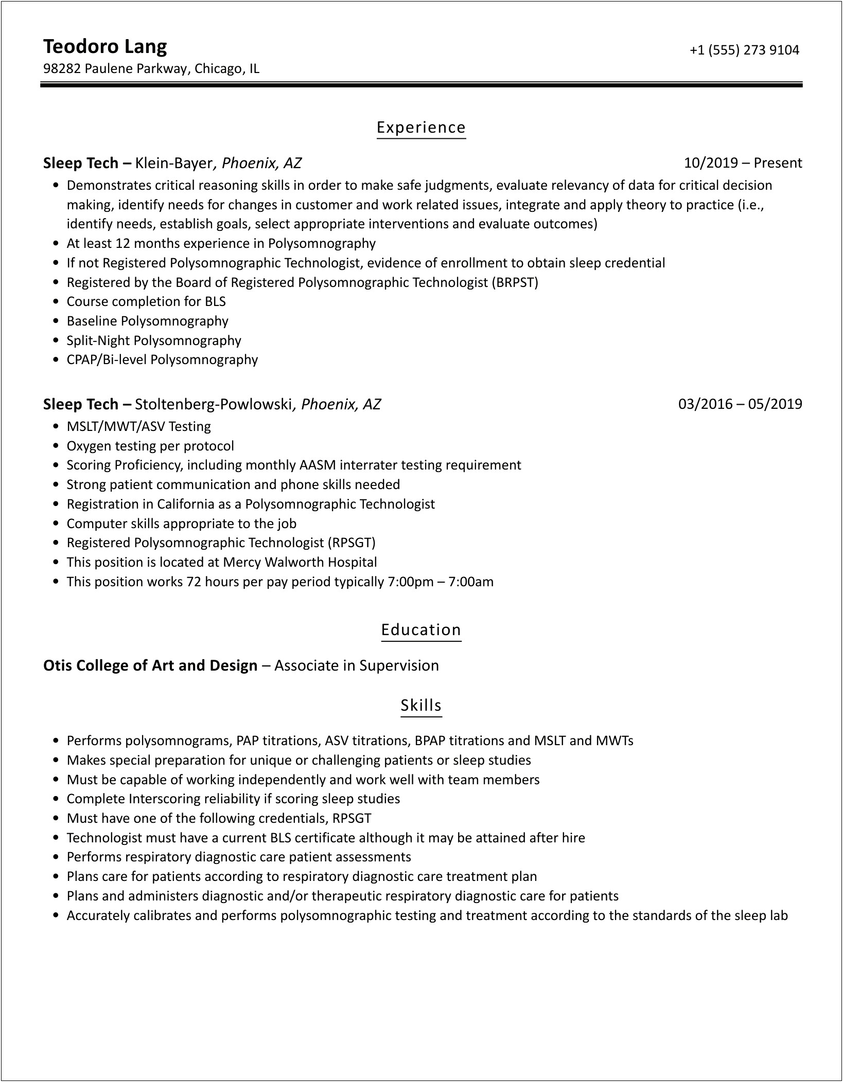 Formal Clinical Experience On Resume Sleep Tech