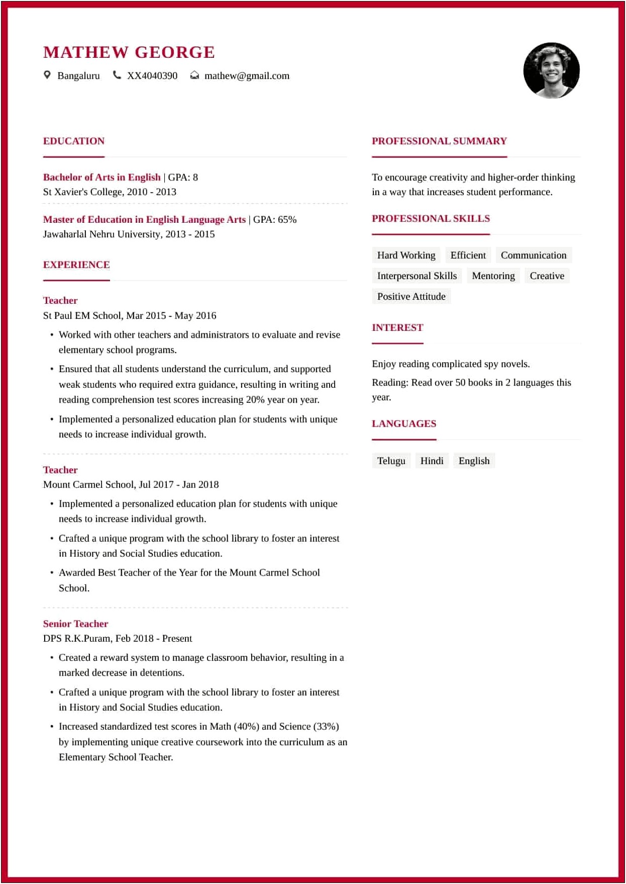 Format Of Resume For Job Of Teacher