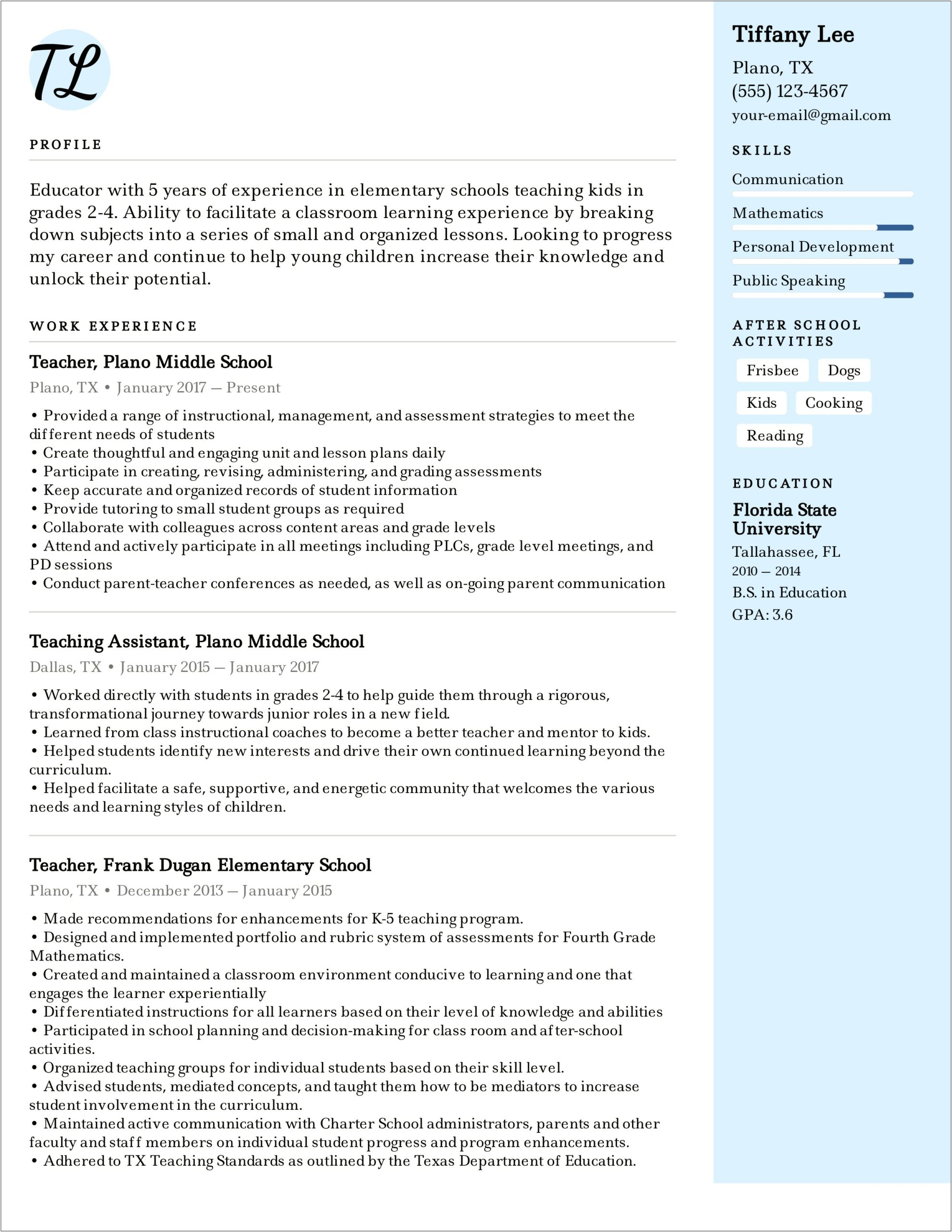 Former Teacher New Career Resume Example