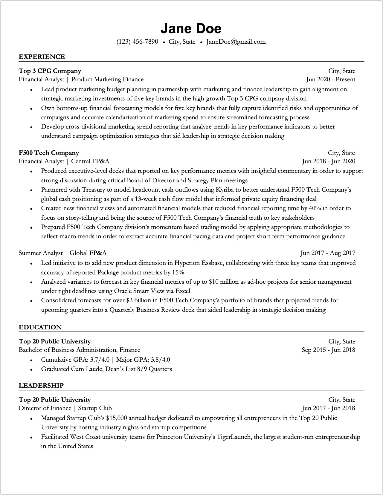 Fp&a Resume Examples Junior Level