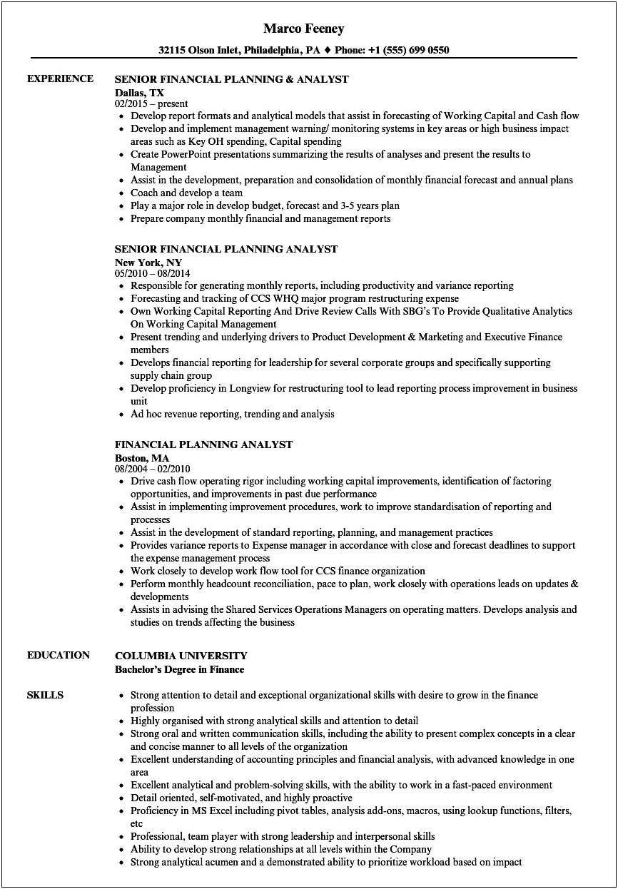 Fp&a Role Description In Resumes