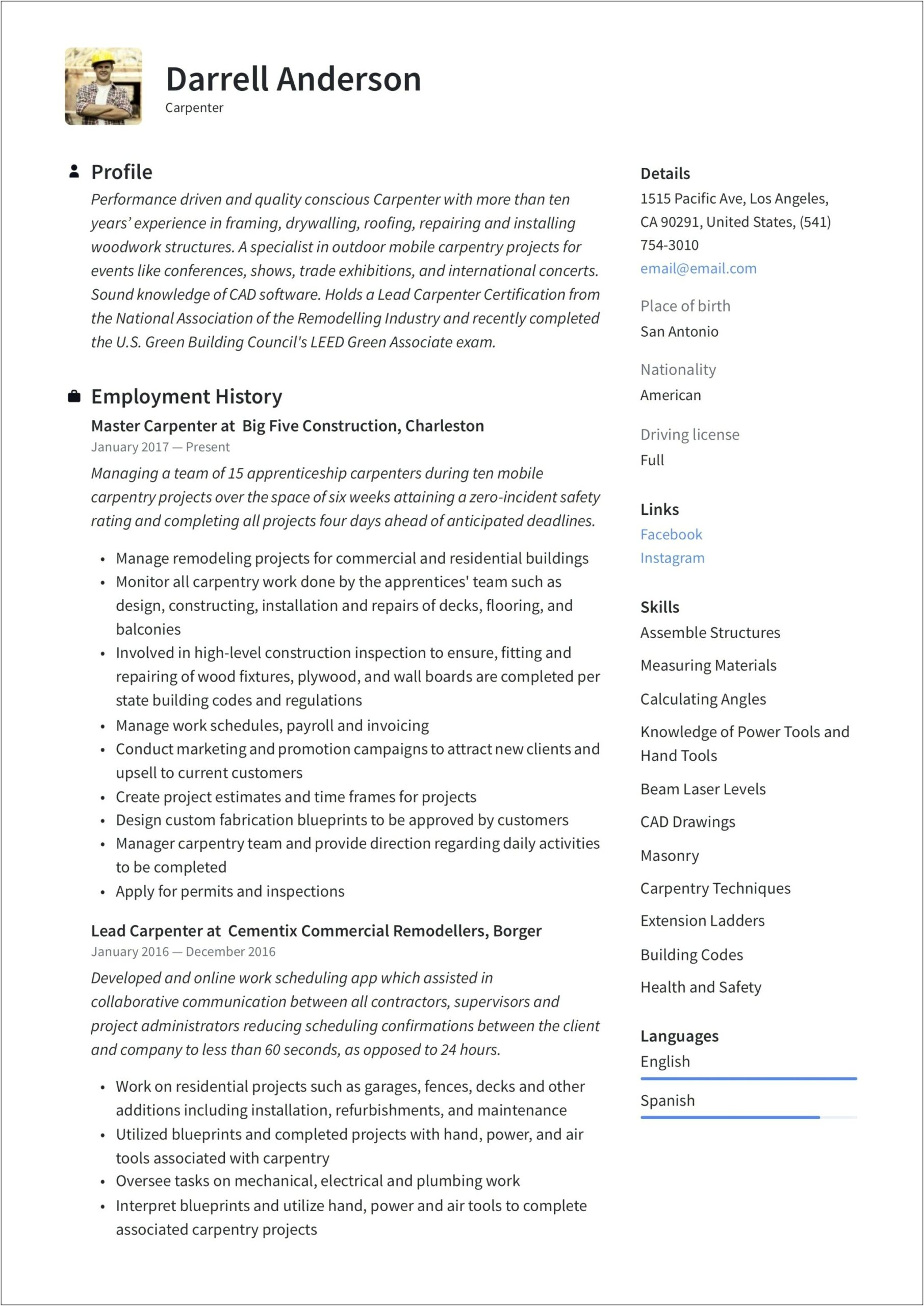 Frame Carpenter Job Description For Resume