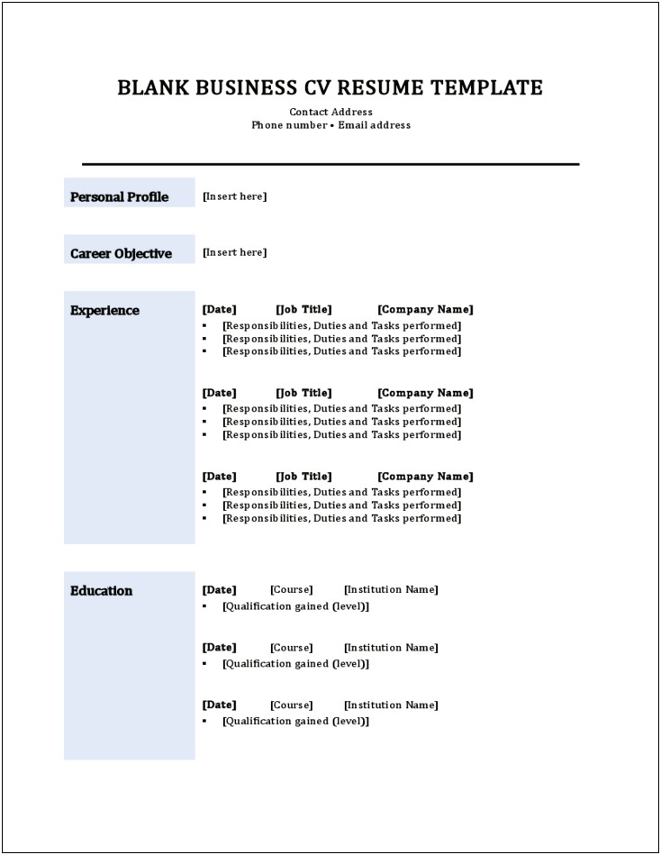 Free Blank Copy Of A Resume