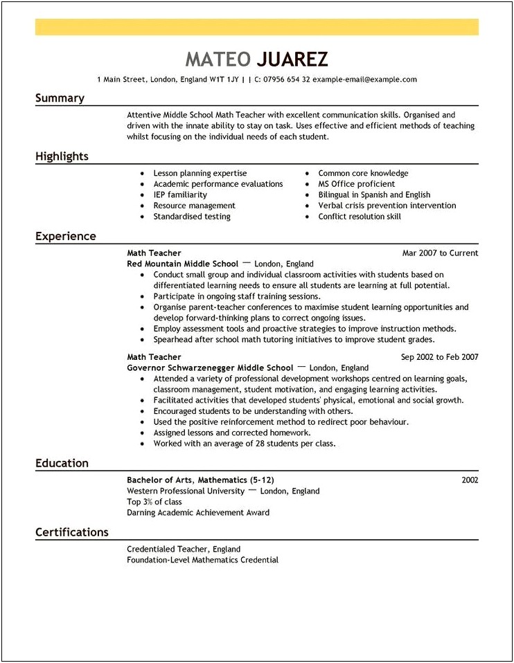 Free Download Resume Format For Freshers Teacher