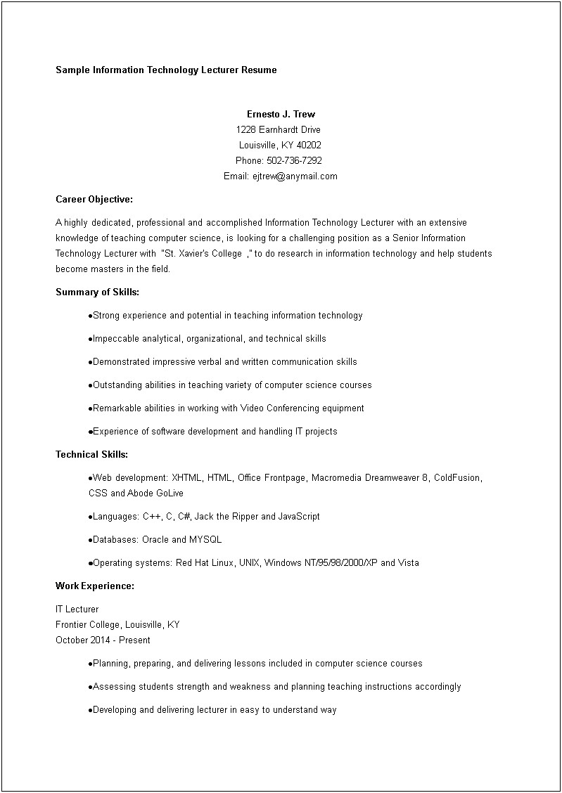Free Download Sample Resume For Lecturer