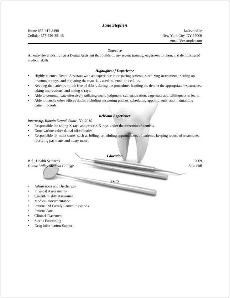 Free Entry Level Dental Assistant Resume