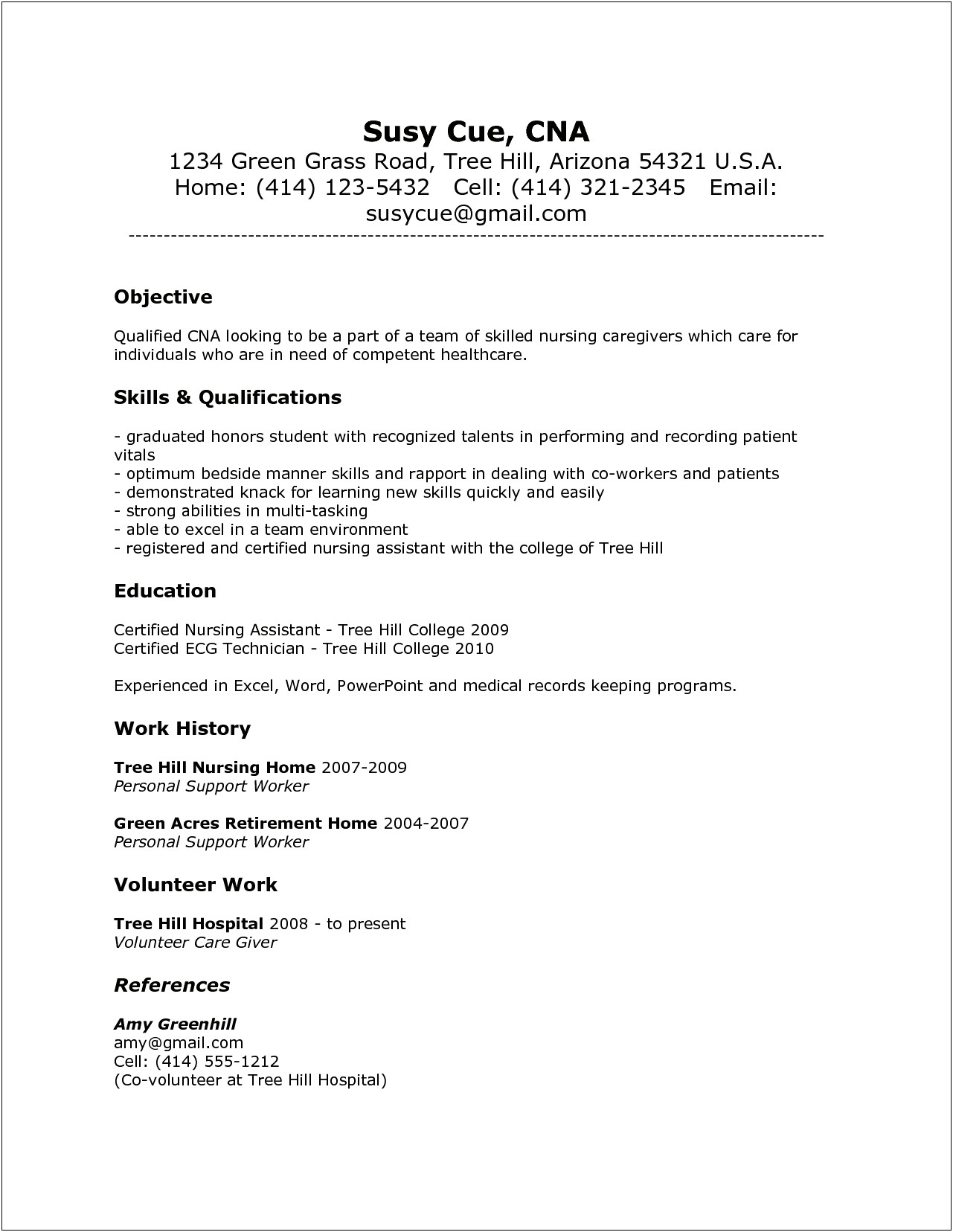 Free Examples Of Resumes For Cna