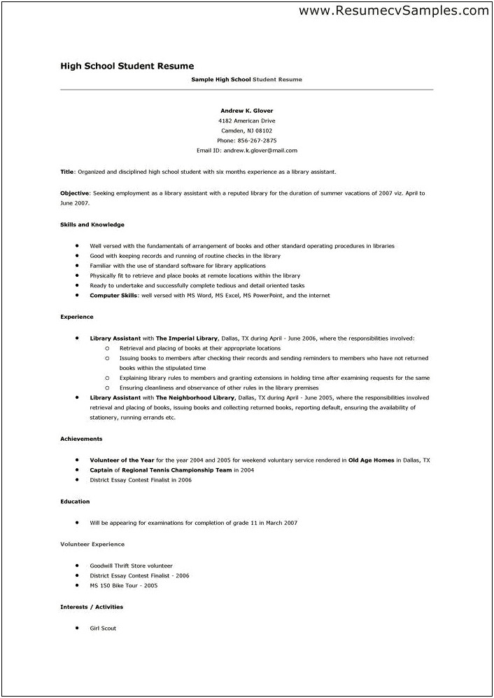 Free High School Student Resume Example