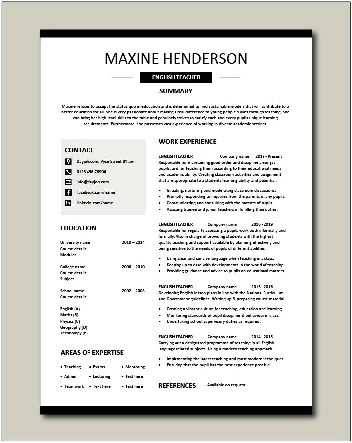 Free One Page Teacher Resume Template