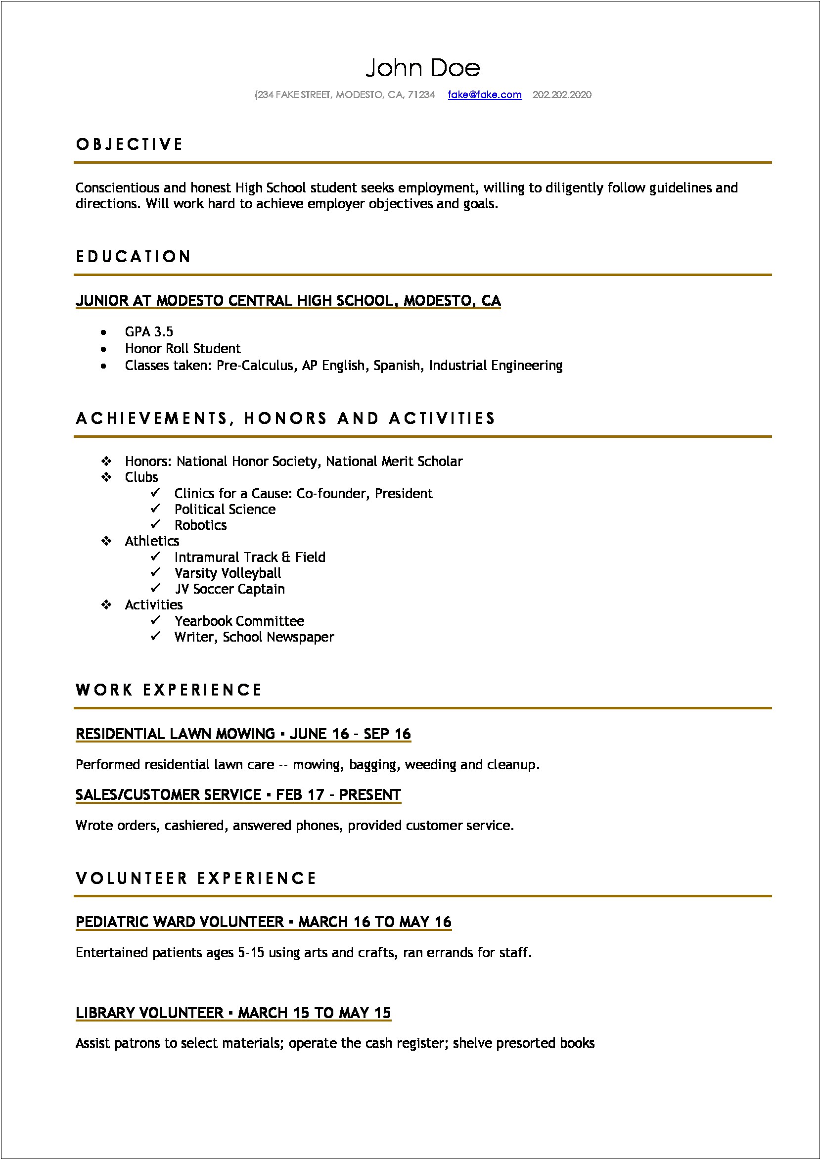 Free Printable Resume For High School Students