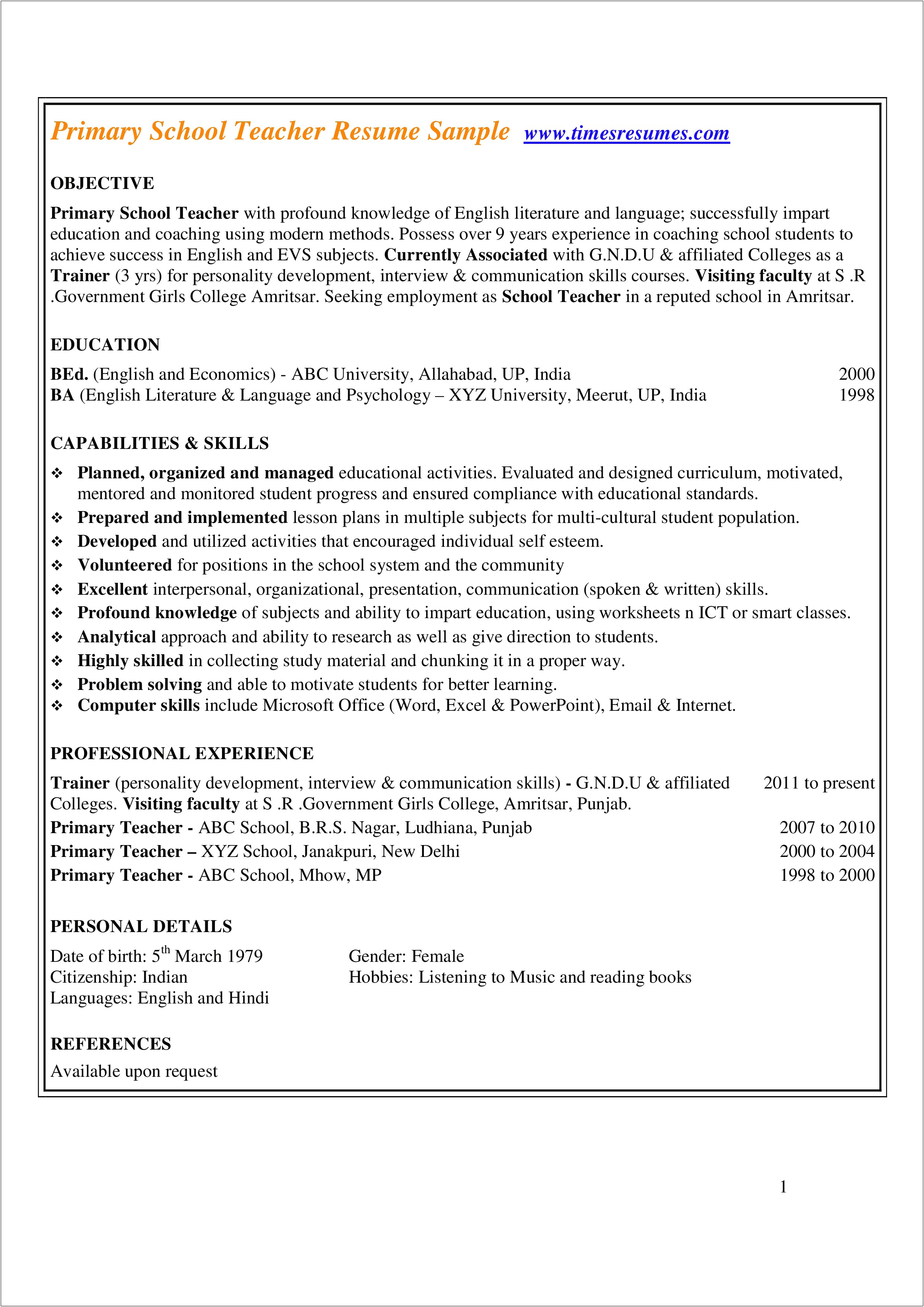 Free Printable Resume Templates For Teachers