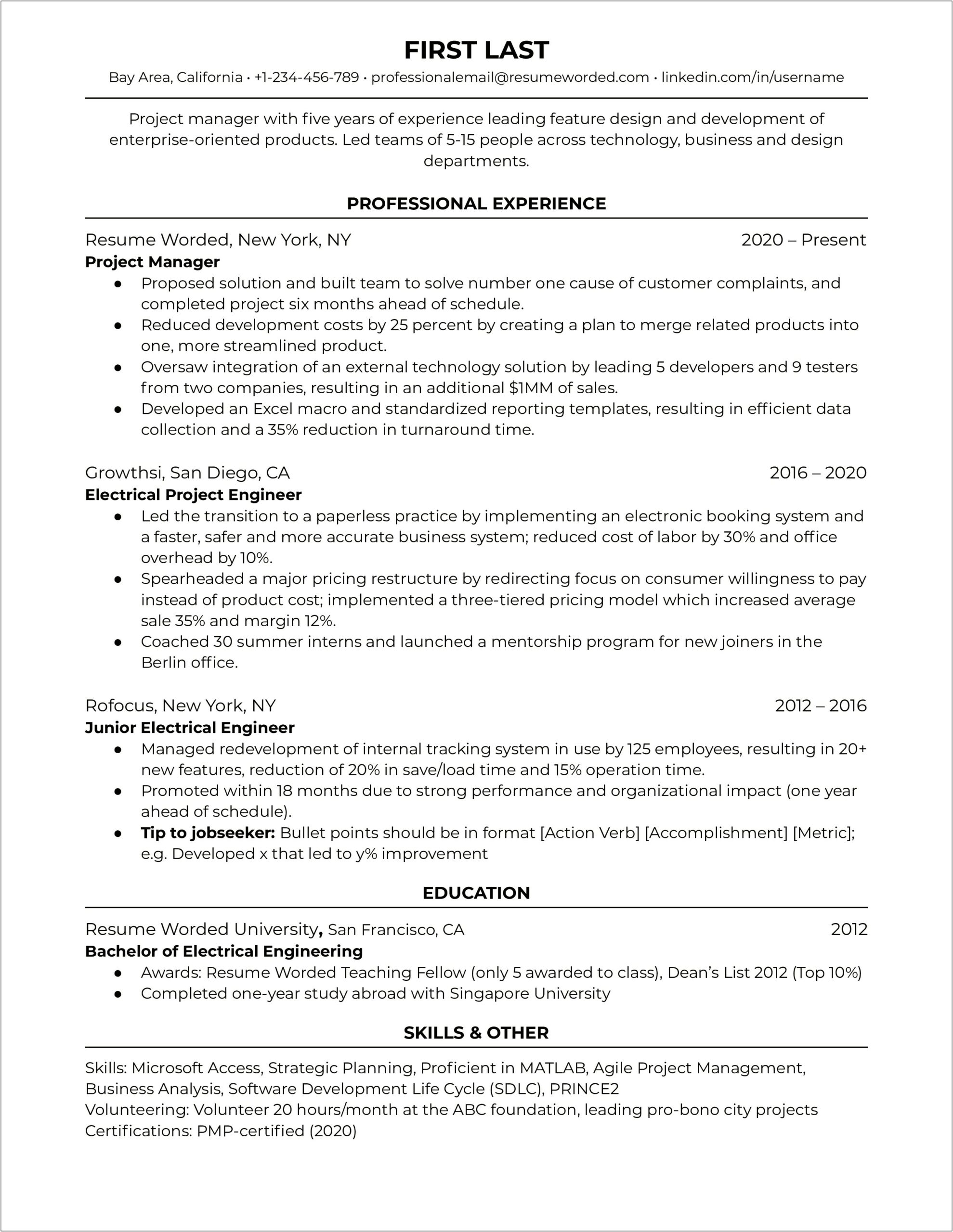 Free Professional Resume Templates Bullet Points