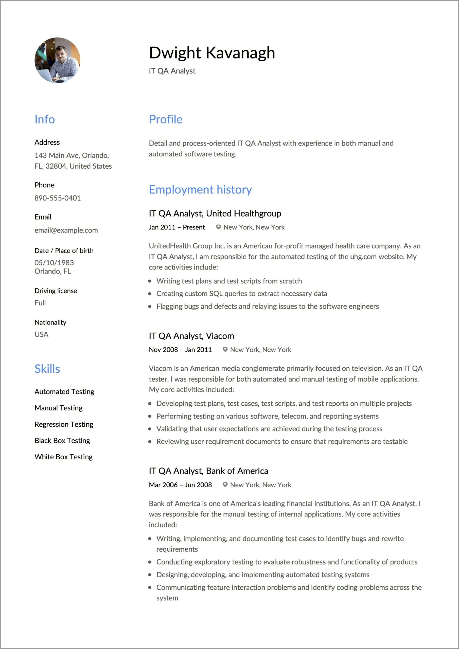 Free Qa Tester Resume With Healthcare Experience Template