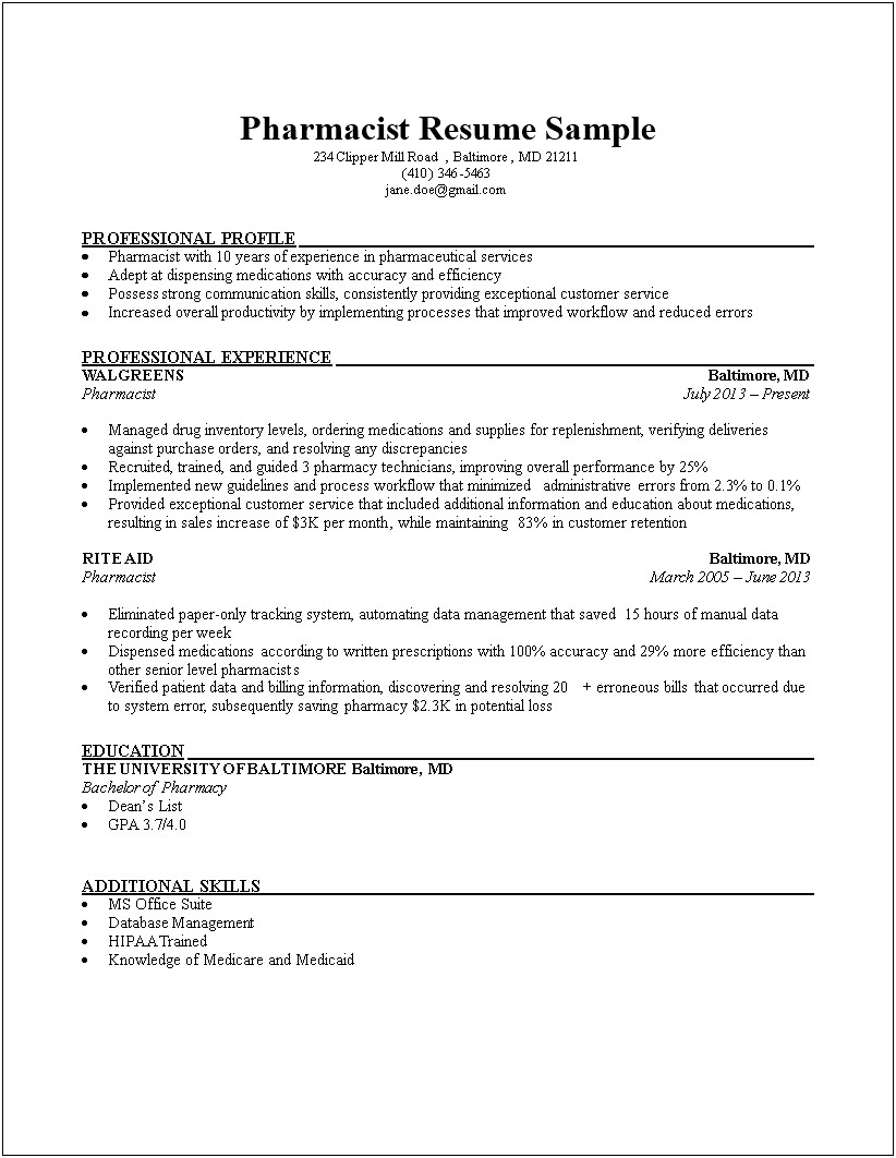 Free Resume Examples For Pharmacy Technicians