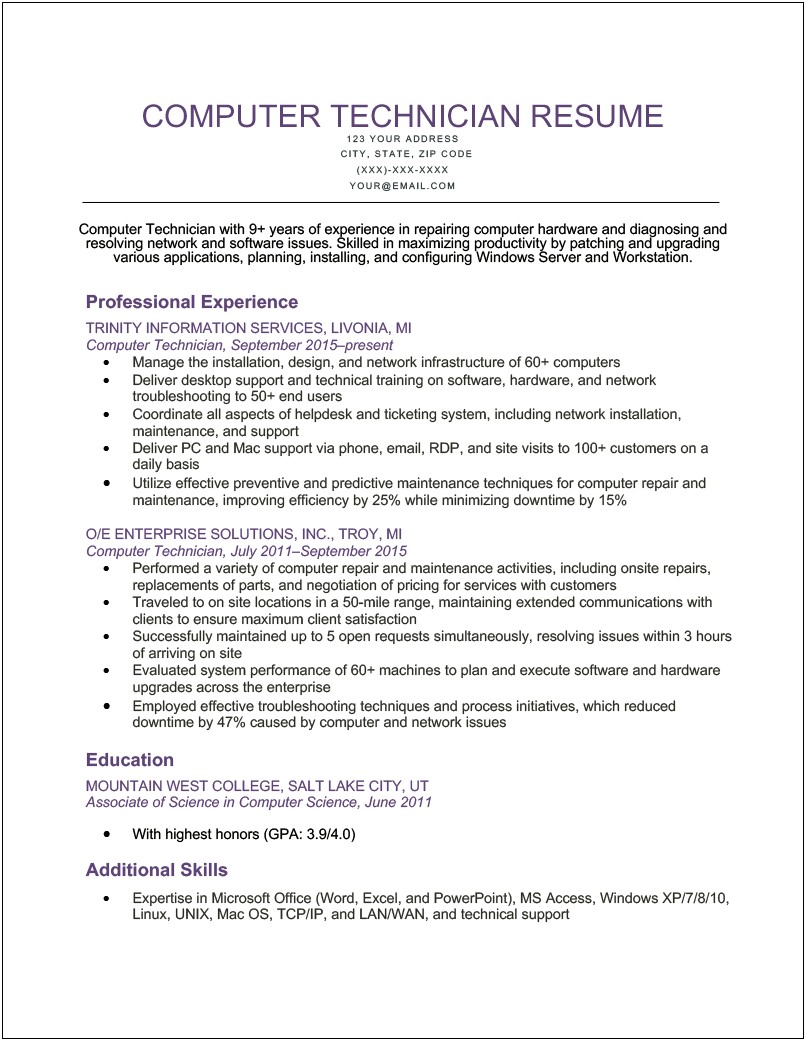 Free Resume Format For Computer Technician