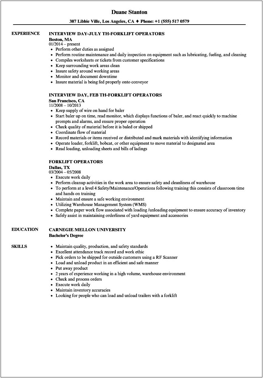 Free Resume Samples For Forklift Operator