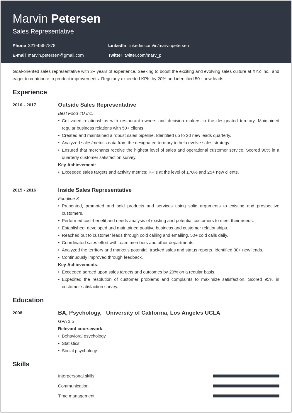 Free Resume Template For Sales Representative