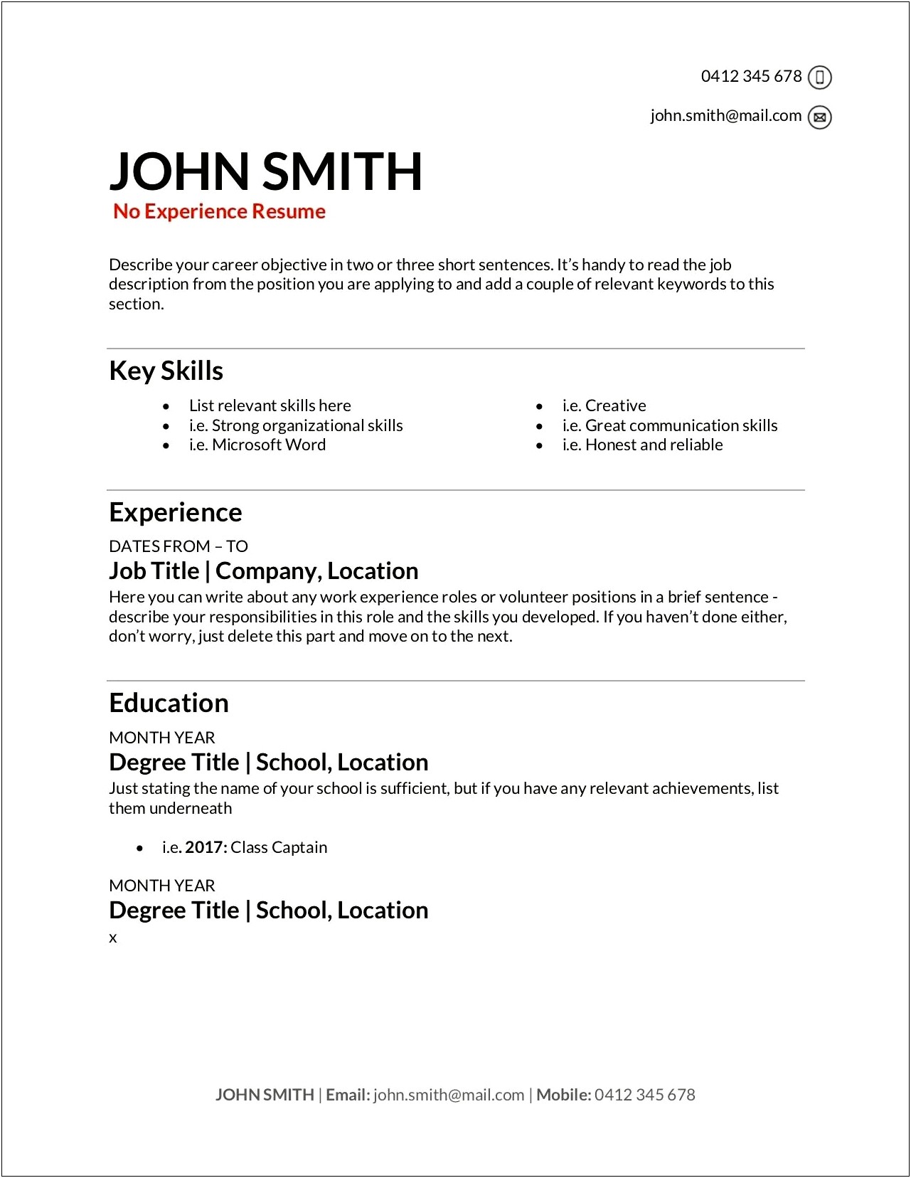 Free Resume Template For Teenager With No Experience