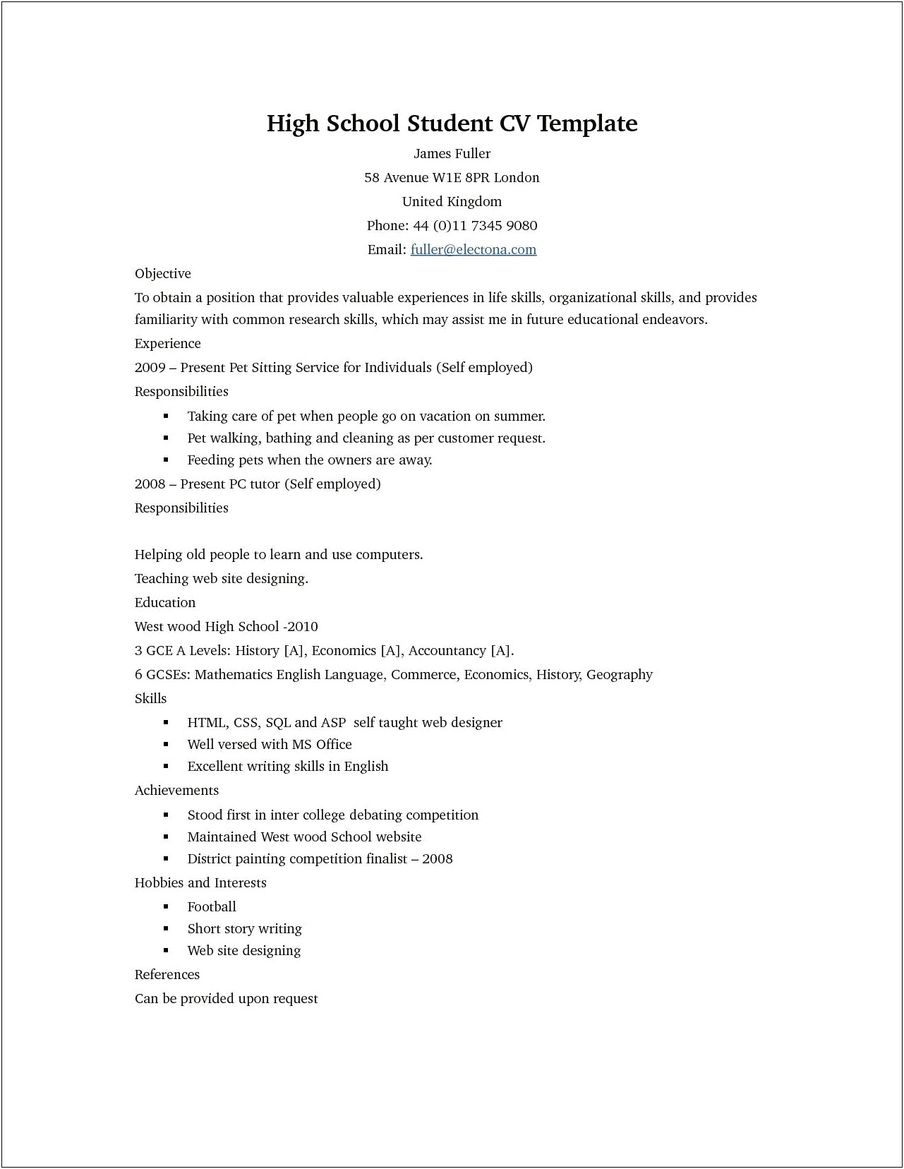 Free Resume Template High School Student