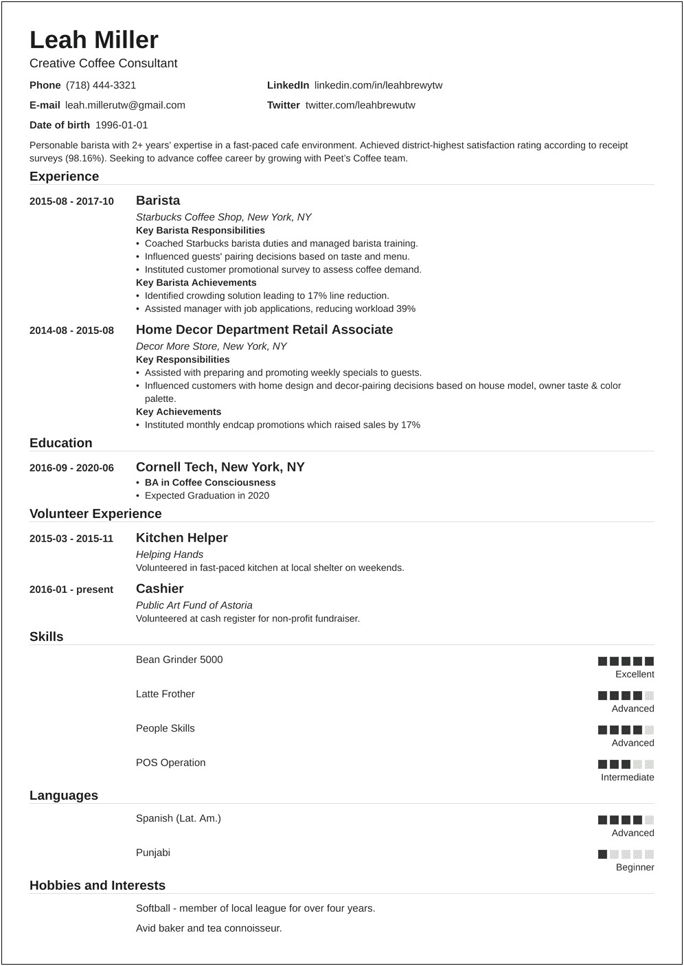 Free Resume Templates Applying As A Barista