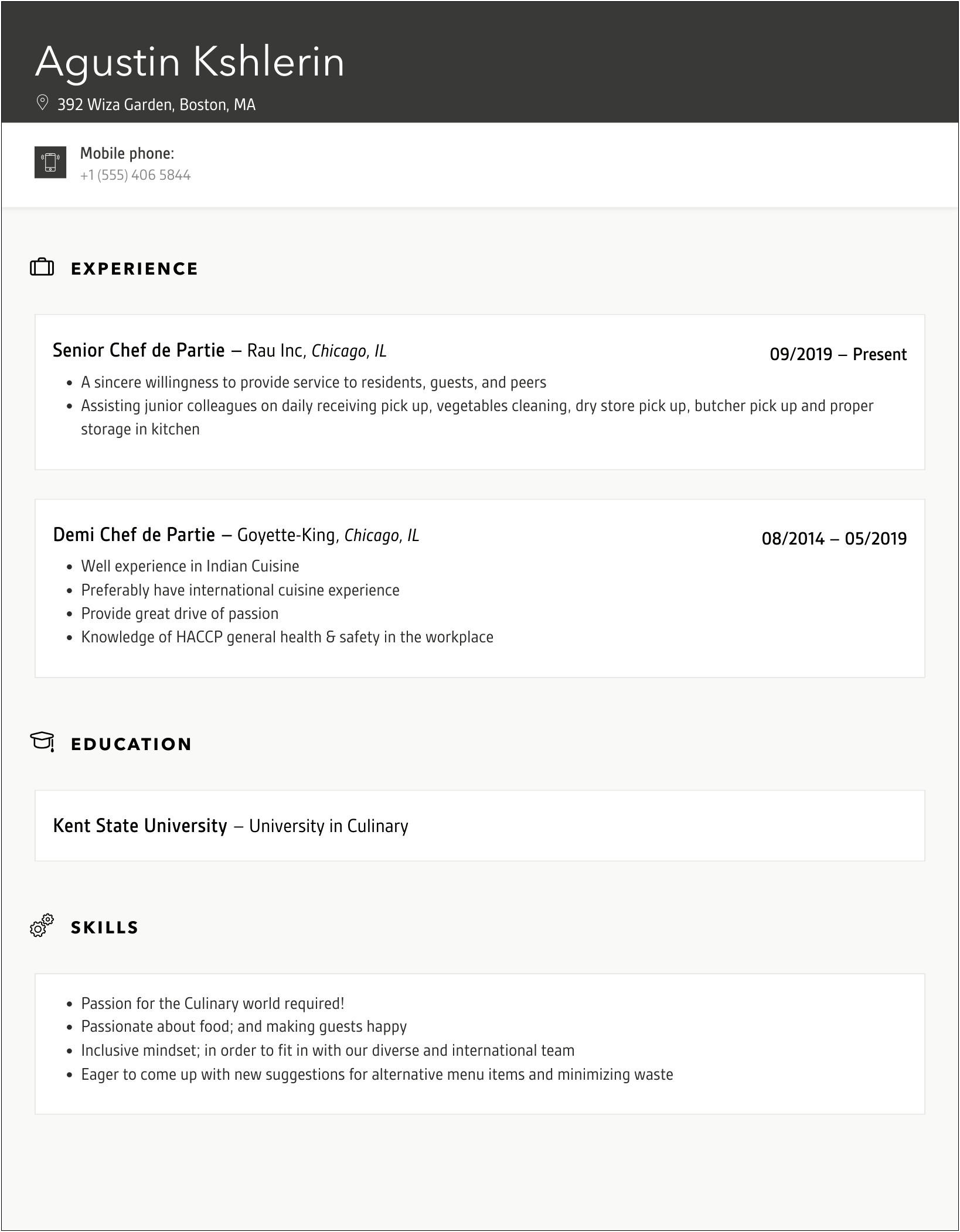 Free Resume Templates For Chef De Parties