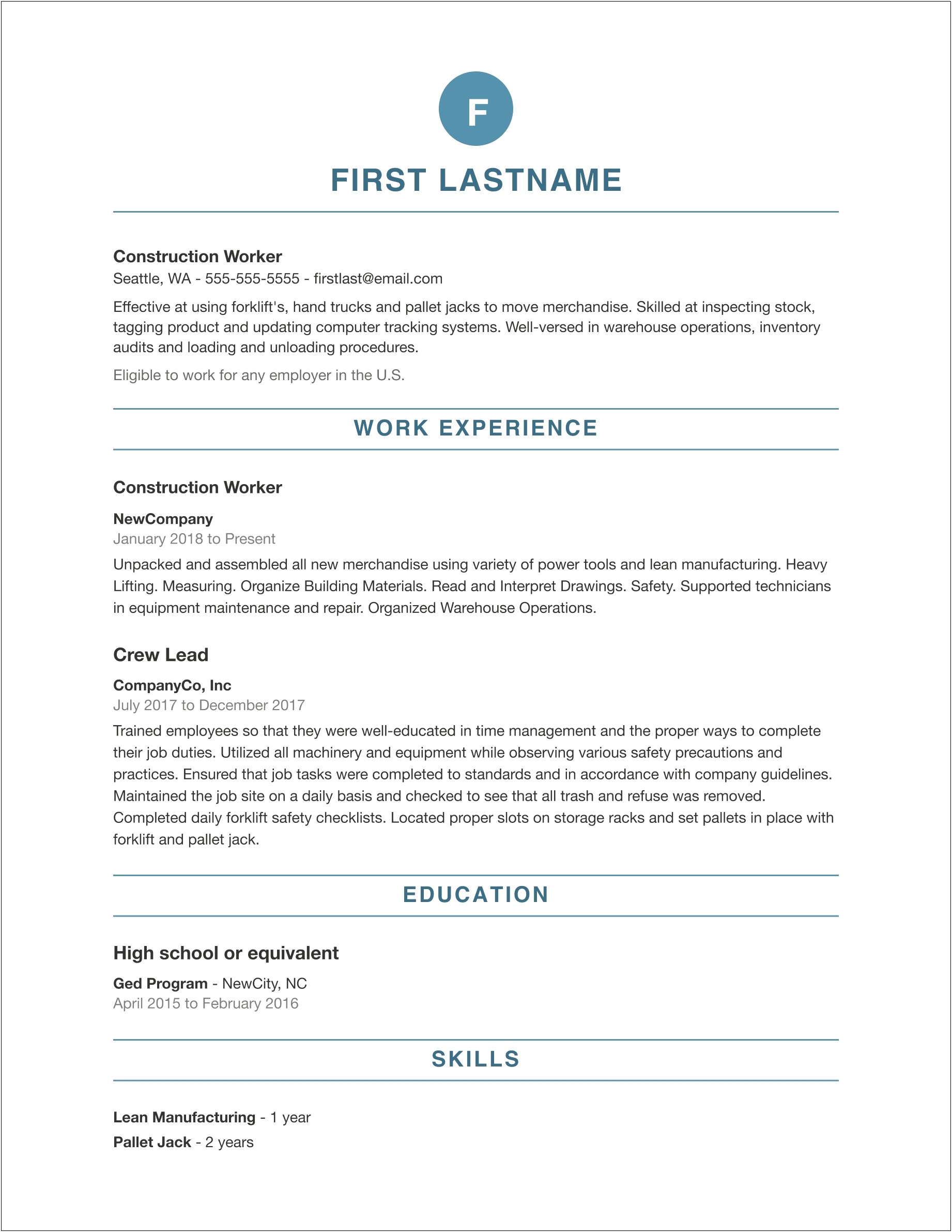 Free Resume Templates For Construction Workers