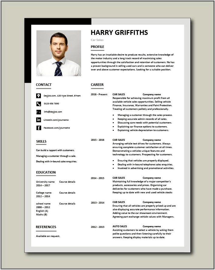 Free Sample Of A Sales Resume