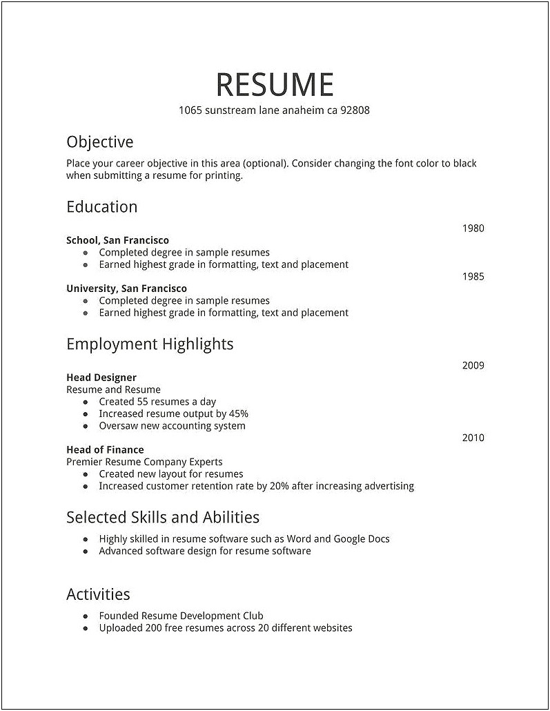 Free Sample Of A Simple Resume