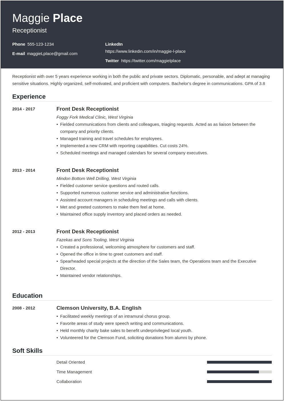 Free Sample Resume For A Receptionist