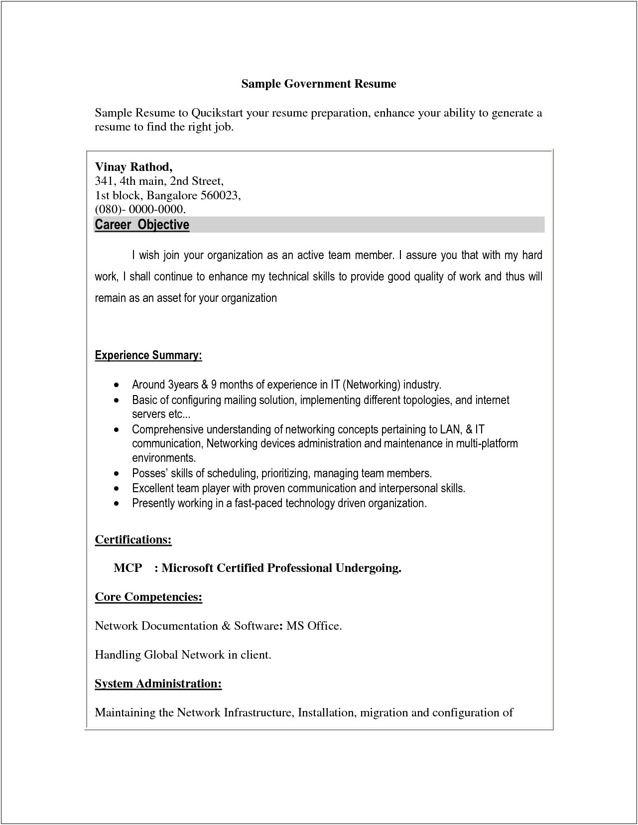 Free Sample Resume For Government Jobs