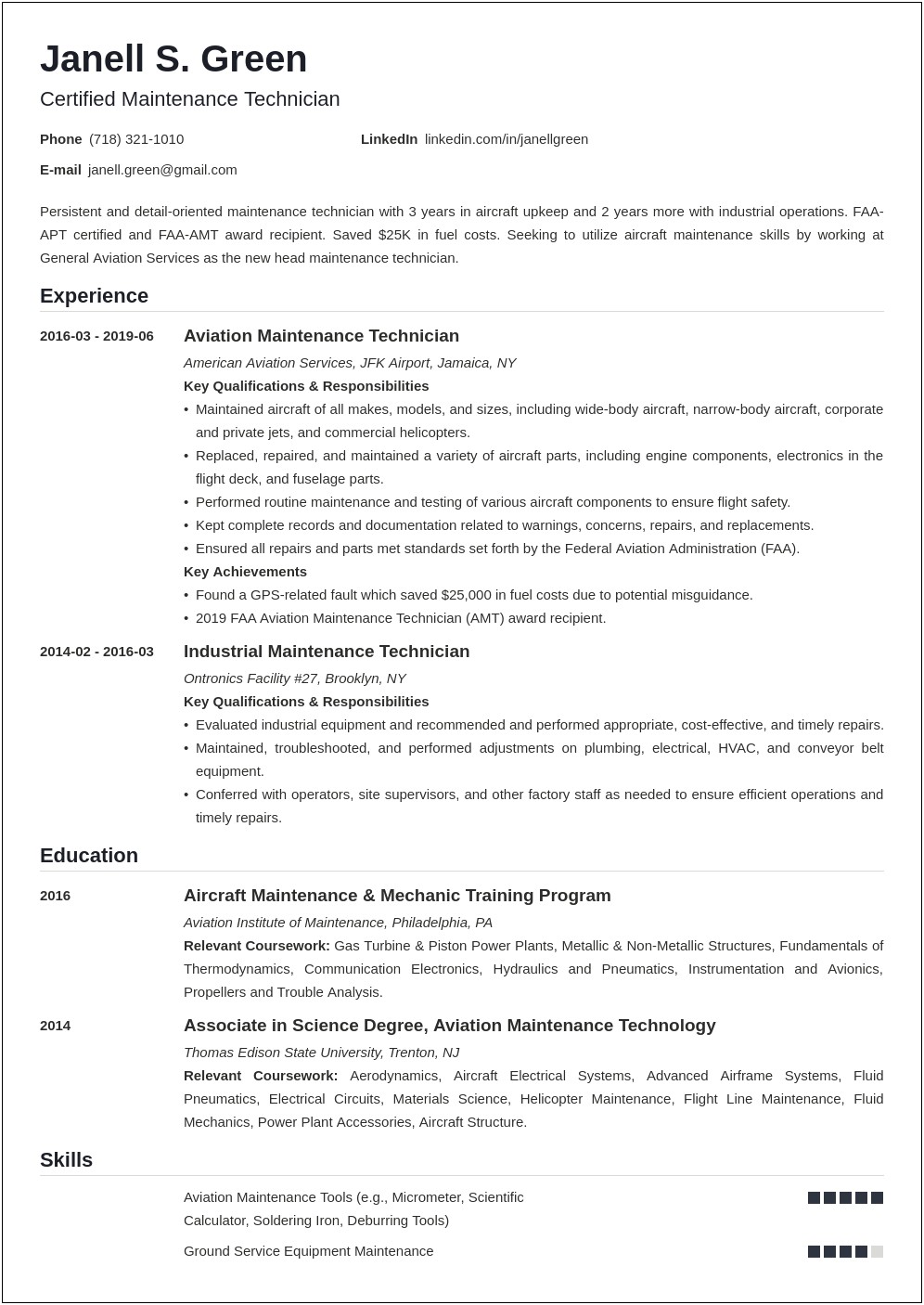 Free Sample Resume For Maintenance Technician