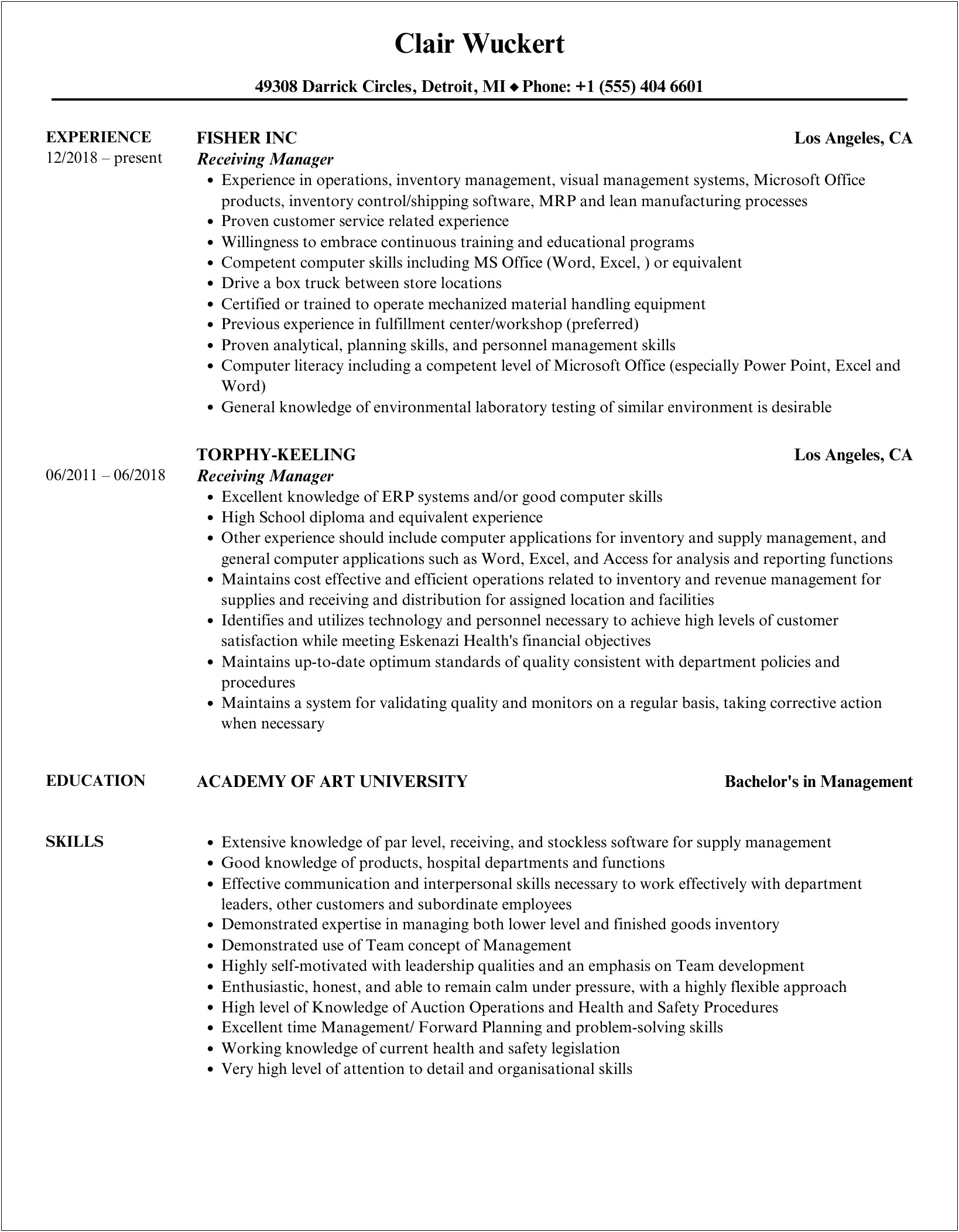 Free Sample Resume Retail Recieving Manager