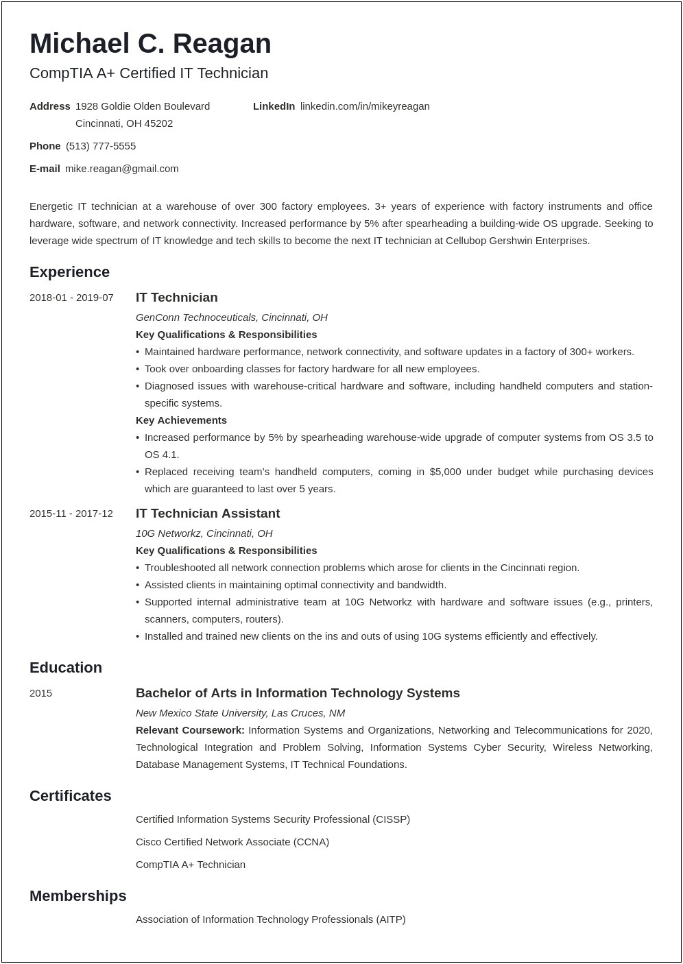 Free Sample Technology Resume For 2017